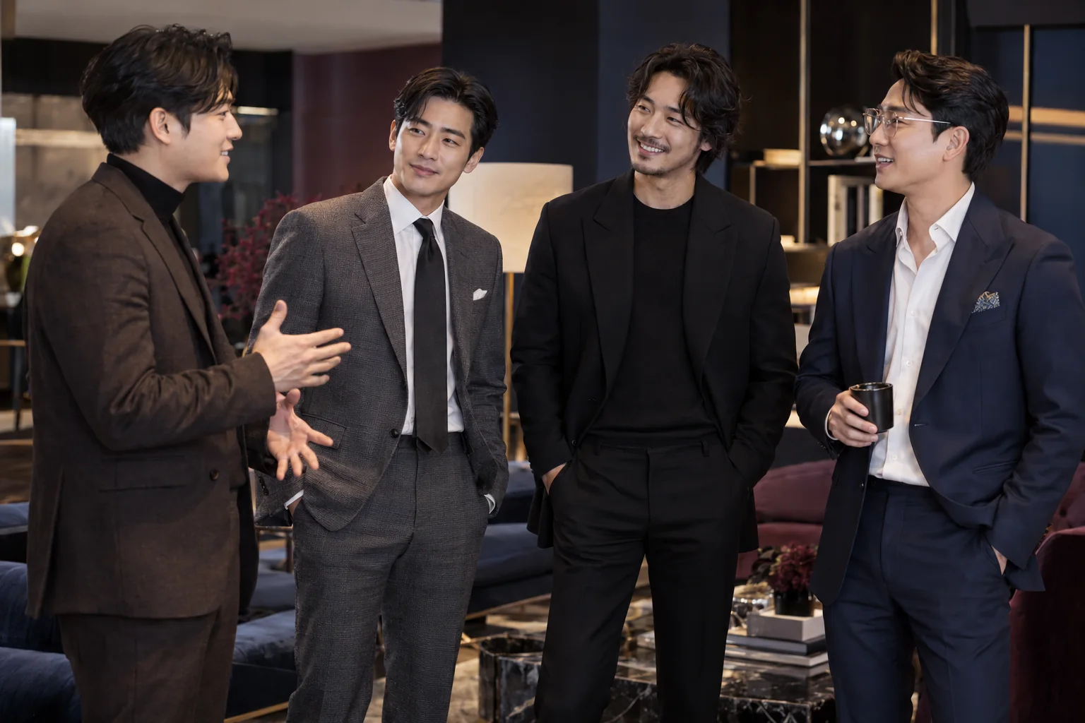현대적인 라운지에서 대화하는 25세 이상 성인 남성 호스트 분위기 이미지
